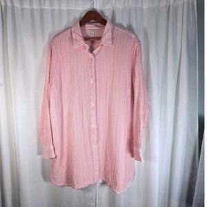 L.L.Bean XL Seersucker Pink Striped 100 Cotton Long Sleeve Button Down Tunic Top